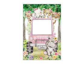 Painel De Festa Vertical Interativo 1,50 x 2,20 - Safari Passeio No Carrinho Rosa 091