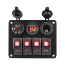 Painel De Interruptores De Alumínio De 4 Gangues Com USB Duplo, Voltímetro, Disjuntor E LED Rocker