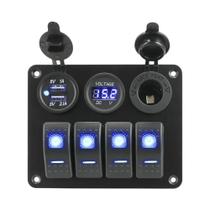 Painel De Interruptores De Alumínio De 4 Gangues Com USB Duplo, Voltímetro, Disjuntor E LED Rocker