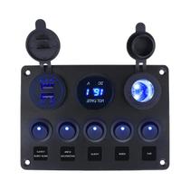 Painel De Interruptores Gangue De 5 Posições 12V Com Voltímetro E Carregador USB QC3.0 Para Barco,