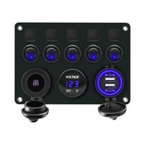 Painel De Interruptores Para Barco, Carro E Caminhão Com 5 Gangues, 48A, Porta USB Dupla, Voltímetro