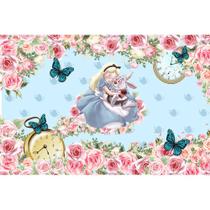 Painel De Lona Alice no País das Maravilhas Borboletas e Relógios Painel De Lona Alice no País das Maravilhas Borboletas e Relógios