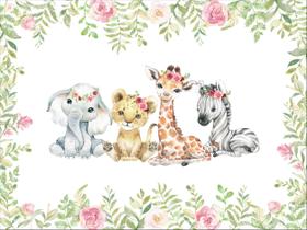 Painel de Lona Animais Filhotes Safari Flores e Folhas Aquarela 300x200cm