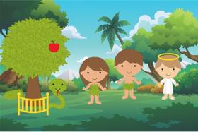 Painel de Lona Bíblico Religioso Adão e Eva Cute Painel de Lona Bíblico Religioso Adão e Eva Cute