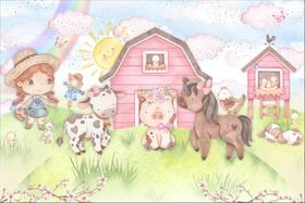 Painel de Lona Fazendinha Fazendeira Menina Animais Aquarela - Fabrika de Festa