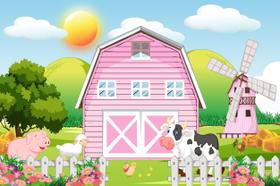 Painel de Lona Fazendinha Rosa Celeiro e Moinho Flores na Cerca Painel de Lona Fazendinha Rosa Celeiro e Moinho Flores na Cerca