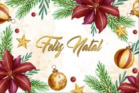 Painel de Lona Feliz Natal Dourado Enfeites Aquarela Painel de Lona Feliz Natal Dourado Enfeites Aquarela