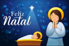 Painel de Lona Feliz Natal Menino Jesus e Maria Estrelas e Luzes - Fabrika de Festa
