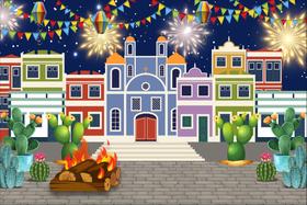 Painel de Lona Festa Junina Arraia Casas Fogueira Cactos Bandeirinhas 100x070cm Painel de Lona Festa Junina Arraia Casas Fogueira Cactos Bandeirinhas 100x070cm