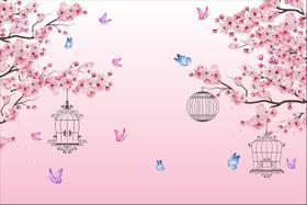 Painel de Lona Flor de Cerejeira e Borboletas Gaiolas Fundo Degradê Rosa