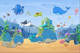 Painel de Lona Fundo do Mar Animais Baleia Polvo Tartaruga Peixes