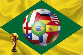 Painel de Lona Futebol Copa do Mundo Brasil Troféu Bola Bandeiras