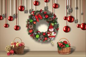 Painel de Lona Guirlanda Natal em Casa Bolas Vermelhas e Cesta