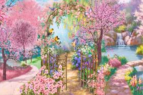 Painel de Lona Jardim Aquarela Portão de Entrada e Flores Rosa
