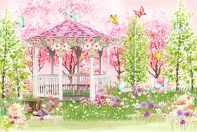 Painel de Lona Jardim de Flores Aquarela Coreto Rosa Painel de Lona Jardim de Flores Aquarela Coreto Rosa