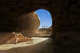 Painel de Lona Jesus Cristo Ressurreição Túmulo de Pedra Vazio e Coroa de Louros - 200x150cm - Fabrika de Festa