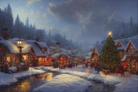 Painel de Lona Pintura Vilarejo nas Montanhas Luzes de Natal Árvore Decorada Fundo Neve