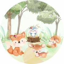Painel de Lona Redondo Animais Aquarela Menina Dia no Bosque Painel de Lona Redondo Animais Aquarela Menina Dia no Bosque