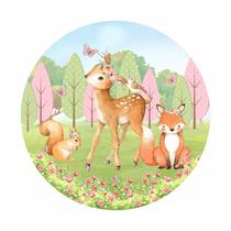 Painel de Lona Redondo Animais do Bosque Aquarela Flores e Borboletas 1x1m