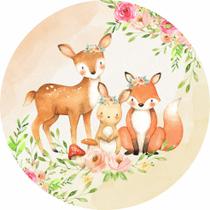 Painel de Lona Redondo Animais do Bosque Aquarela Rosas e Flores Painel de Lona Redondo Animais do Bosque Aquarela Rosas e Flores