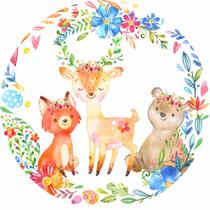 Painel de Lona Redondo Animais do Bosque Flores Coloridas Painel de Lona Redondo Animais do Bosque Flores Coloridas