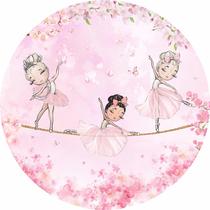 Painel de Lona Redondo Bailarina Trio Borboletas e Flores Rosa