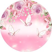 Painel de Lona Redondo Borboletas e Flores Aquarela Fundo Rosa Gradiente