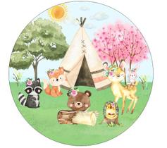 Painel de Lona Redondo Bosque Menina Animais Aquarela