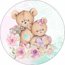 Painel de Lona Redondo Chá de Revelação Ursinho Casal Aquarela Flores