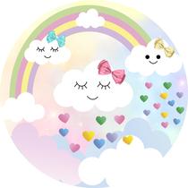 Painel de Lona Redondo Chuva de Amor Trio de Nuvens Felizes Corações