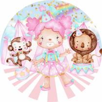 Painel de Lona Redondo Circo Aquarela Rosa Palhacinha Feliz