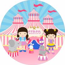 Painel de Lona Redondo Circo Candy Rosa Palhacinhas Cabelo Castanho Painel de Lona Redondo Circo Candy Rosa Palhacinhas Cabelo Castanho