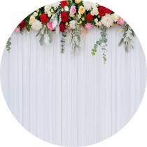 Painel de Lona Redondo Cortina Branca e Flores Painel de Lona Redondo Cortina Branca e Flores