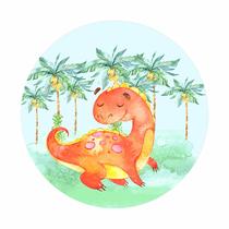 Painel de Lona Redondo Dino Laranja Cute Feliz coqueiros 1x1m