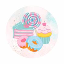 Painel de Lona Redondo Doces Bolos e Pirulitos Candy Color Fundo Aquarela 1x1m