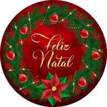 Painel de Lona Redondo Feliz Natal Vermelho e Dourado Guirlanda