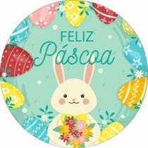 Painel de Lona Redondo Feliz Páscoa Coelhinho Buquê e Ovos