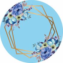 Painel de Lona Redondo Flores Azul e Geometricos Dourados Painel de Lona Redondo Flores Azul e Geometricos Dourados