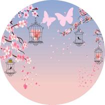 Painel de Lona Redondo Flores de Cerejeira e Borboletas