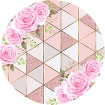 Painel de Lona Redondo Flores Rosas e Fundo Formas com Glitter
