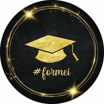 Painel de Lona Redondo Formei Aros Brilhantes Dourado Formatura Painel de Lona Redondo Formei Aros Brilhantes Dourado Formatura
