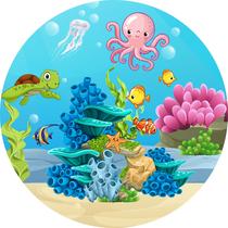 Painel de Lona Redondo Fundo do Mar Animais Felizes Cute Coral