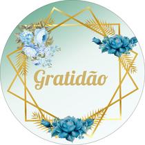 Painel de Lona Redondo Gratidão Flores Azuis Aros Dourados Fundo Degradê