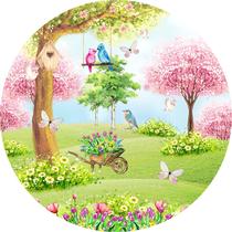 Painel de Lona Redondo Jardim Aquarela Pássaros Casal Paisagem Natural