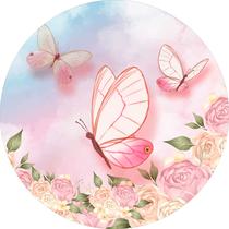 Painel de Lona Redondo Jardim Flores Borboletas Céu Aquarelado Painel de Lona Redondo Jardim Flores Borboletas Céu Aquarelado