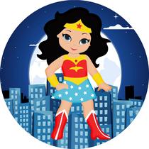 Painel de Lona Redondo Menina Maravilha Sobrevoando Cidade Noturna