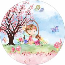 Painel de Lona Redondo Menininha Jardim Aquarela e Borboletas - Fabrika De Festa