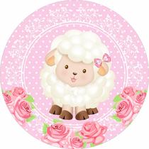 Painel de Lona Redondo Ovelhinha Laço Rosa e Flores Fundo Poá Arabesco Painel de Lona Redondo Ovelhinha Laço Rosa e Flores Fundo Poá Arabesco