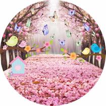 Painel de Lona Redondo Passarinhos Galhos e Borboletas Floresta - Fabrika De Festa Painel de Lona Redondo Passarinhos Galhos e Borboletas Floresta - Fabrika De Festa