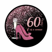 Painel de Lona Redondo Salto Glitter Rosa Taça 60 Anos É Só o Começo -1x1m